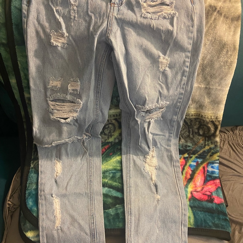 Forever 21 Light Blue Distressed Straight Leg Jeans
